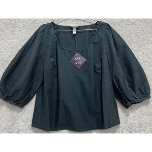 Ava & Viv Blouse Women's Plus 1X 3/4 Balloon Sleeve Black Washed Fabric Chambray